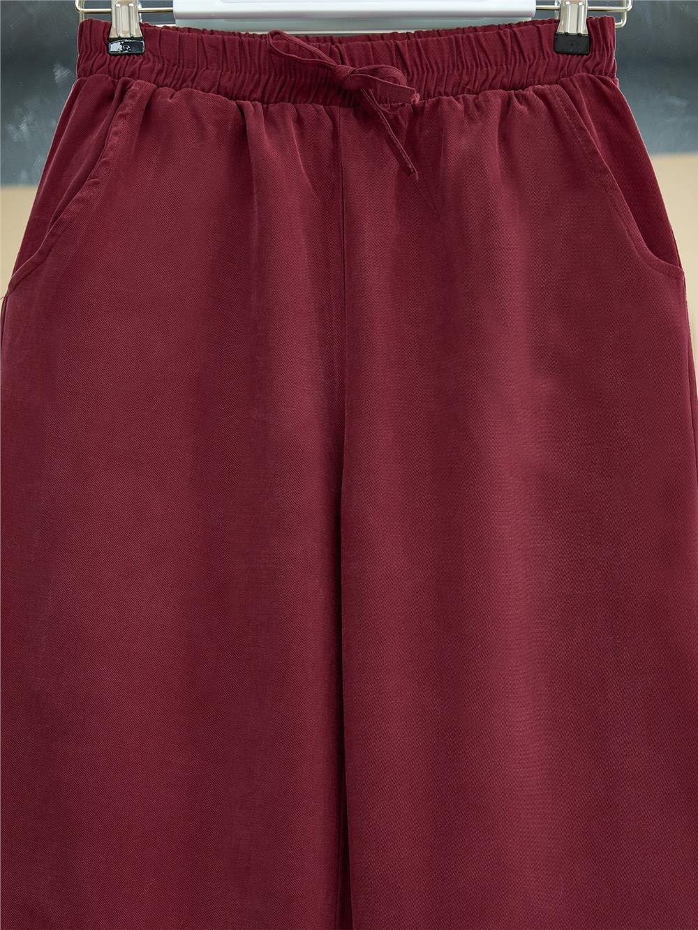 Beli Lastikli Bağcık Detaylı Cepli Bol Paça Tensel Pantolon -Bordo-307-2382-R04