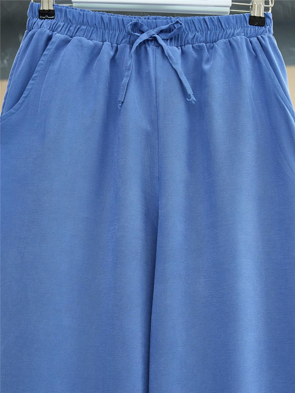 Beli Lastikli Bağcık Detaylı Cepli Bol Paça Tensel Pantolon -İndigo-307-2382-R21