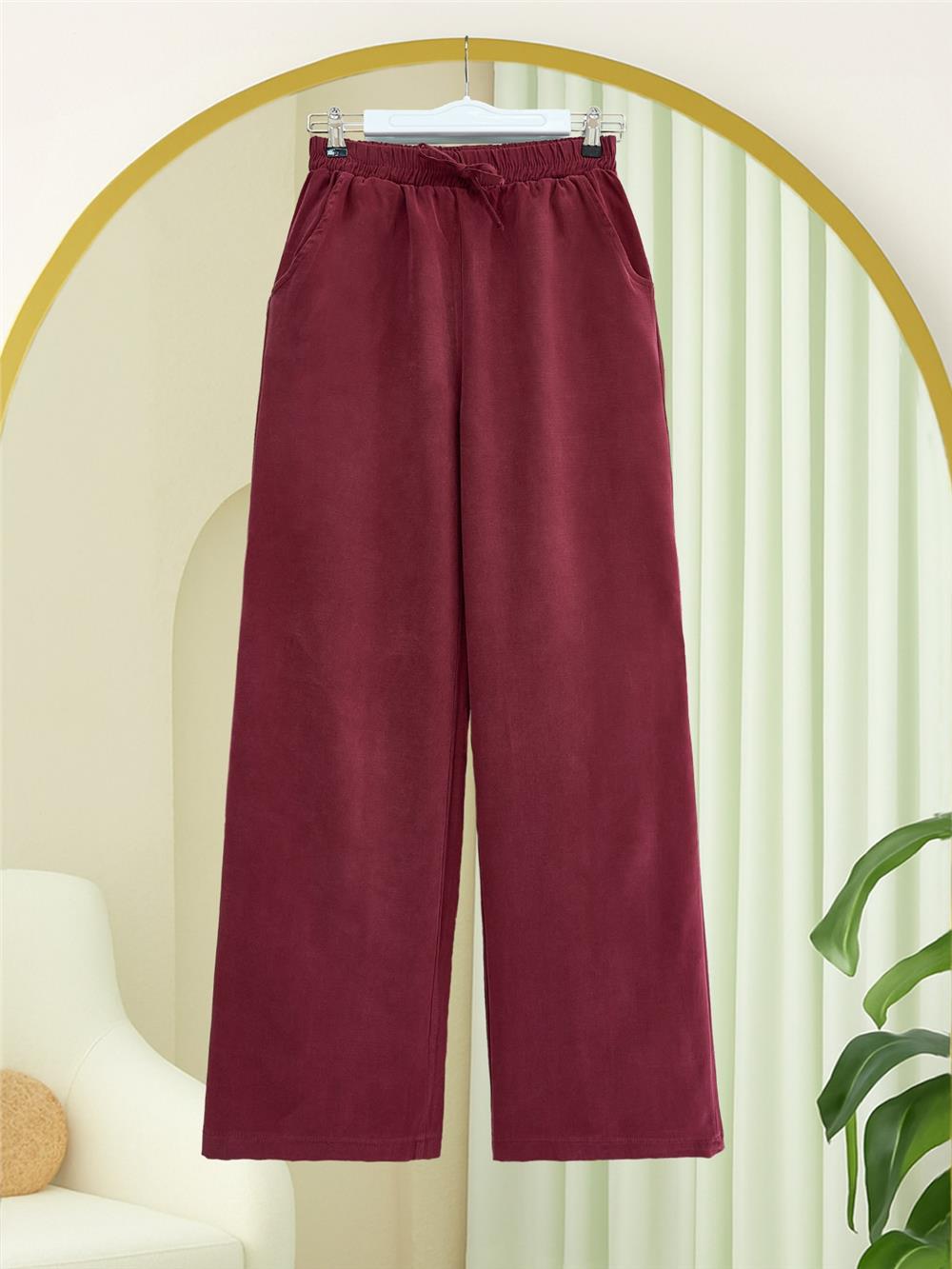 Beli Lastikli Bağcık Detaylı Cepli Bol Paça Tensel Pantolon -Bordo-307-2382-R04
