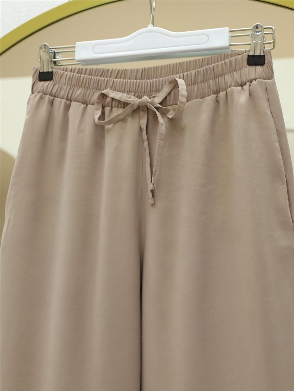 Beli Lastikli Bağcıklı Bol Paça Salaş Pantolon  -Vizon-338-20646-R23