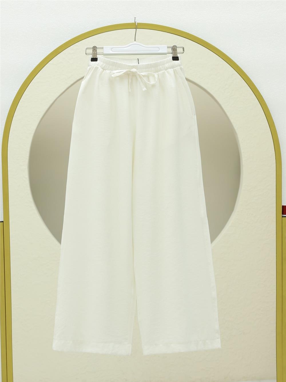 Beli Lastikli Bağcıklı Bol Paça Salaş Pantolon  -Ekru-338-20646-R07