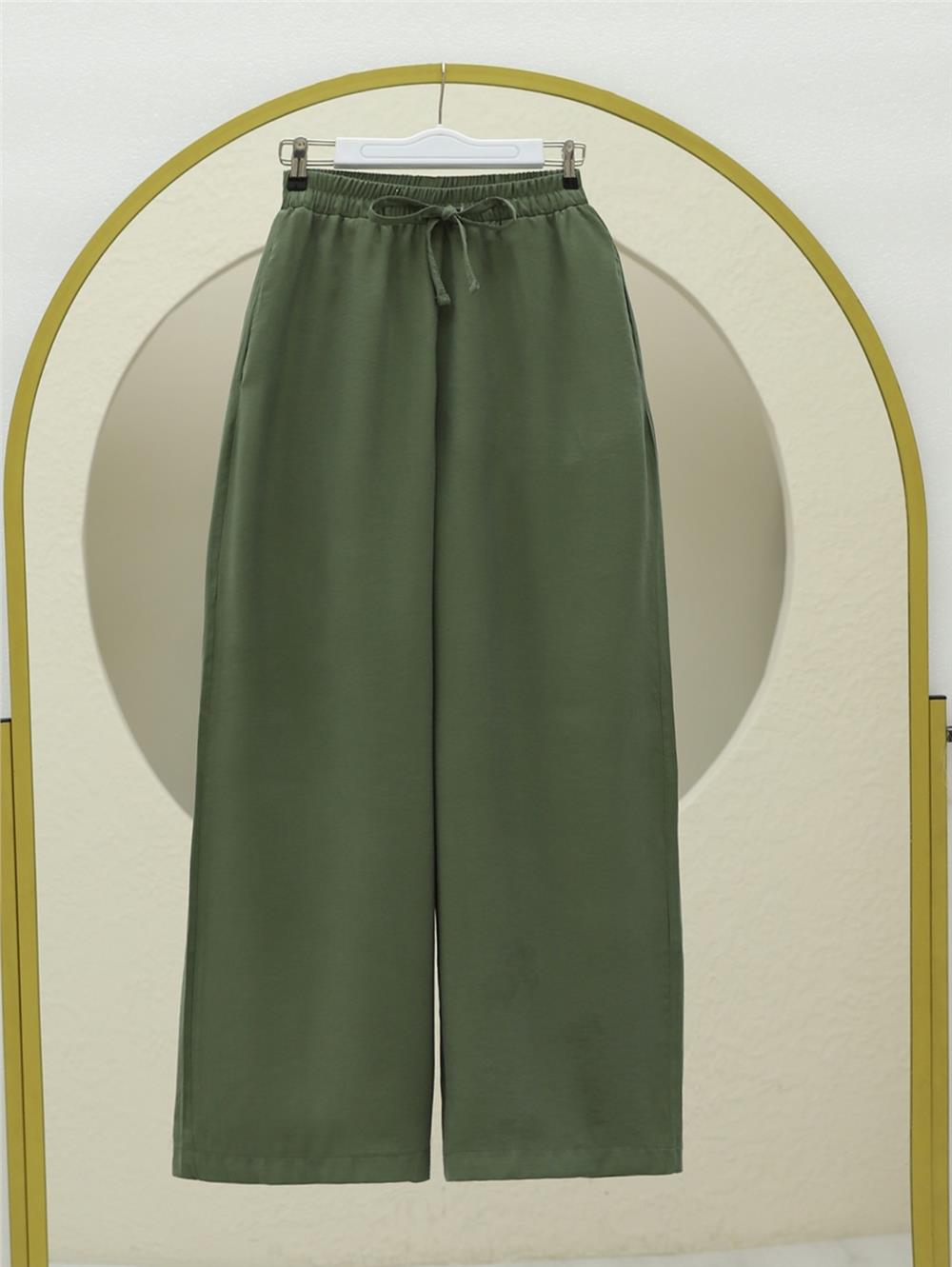 Beli Lastikli Bağcıklı Bol Paça Salaş Pantolon  -Haki-338-20646-R05