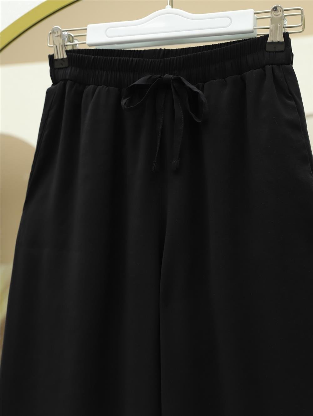 Beli Lastikli Bağcıklı Bol Paça Salaş Pantolon  -Siyah-338-20646-R01
