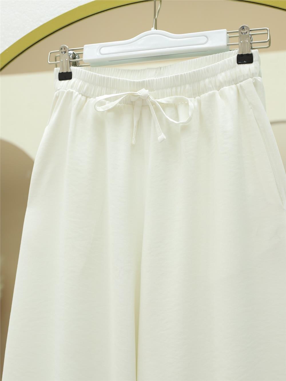 Beli Lastikli Bağcıklı Bol Paça Salaş Pantolon  -Ekru-338-20646-R07