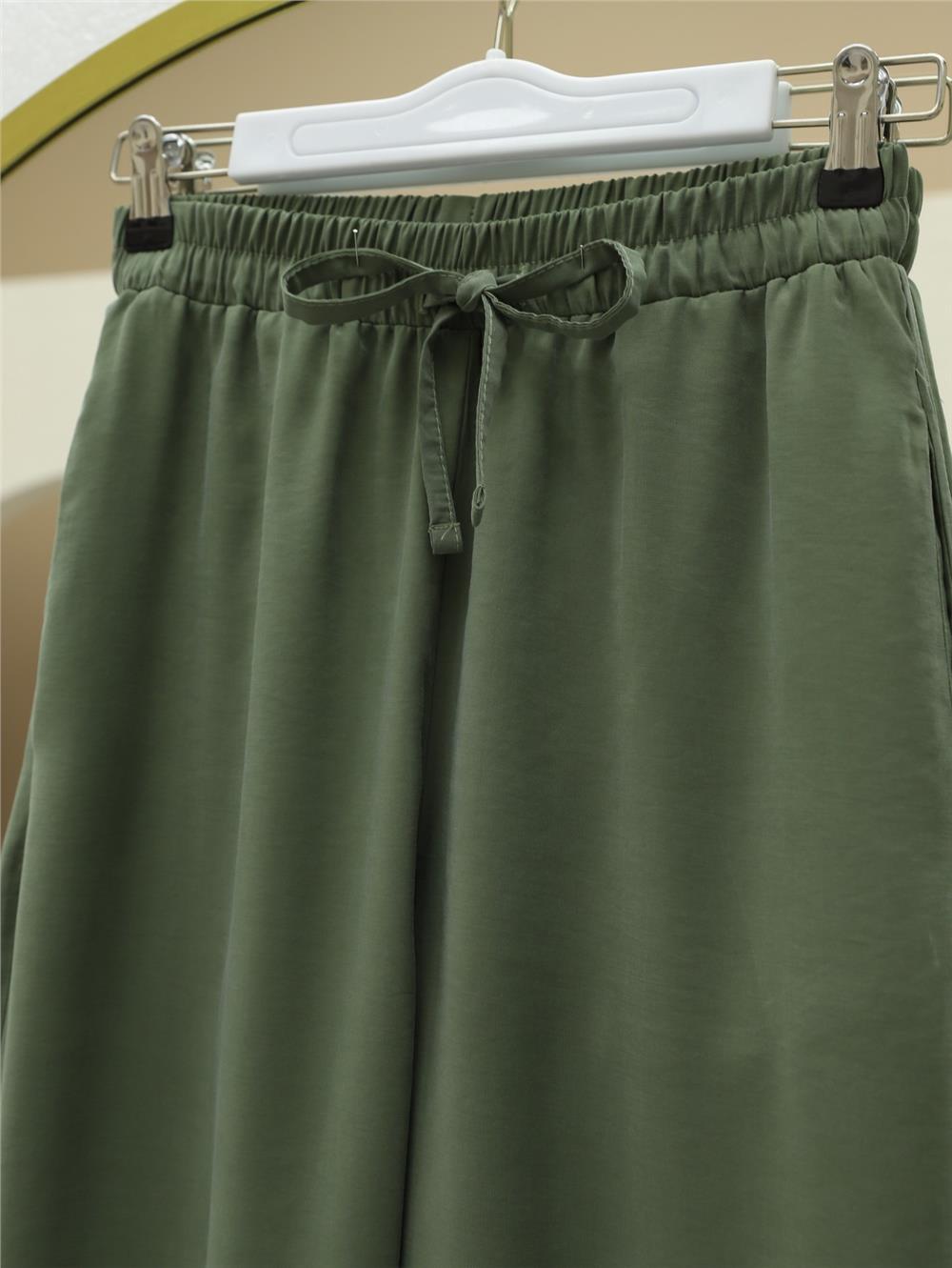 Beli Lastikli Bağcıklı Bol Paça Salaş Pantolon  -Haki-338-20646-R05