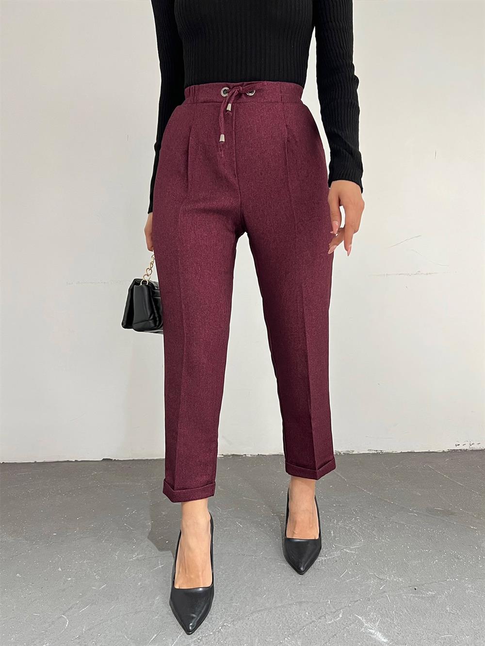 Beli Lastikli Bağcıklı Cepli Duble Pantolon  -Bordo