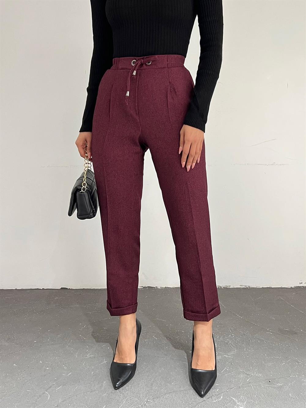 Beli Lastikli Bağcıklı Cepli Duble Pantolon  -Bordo