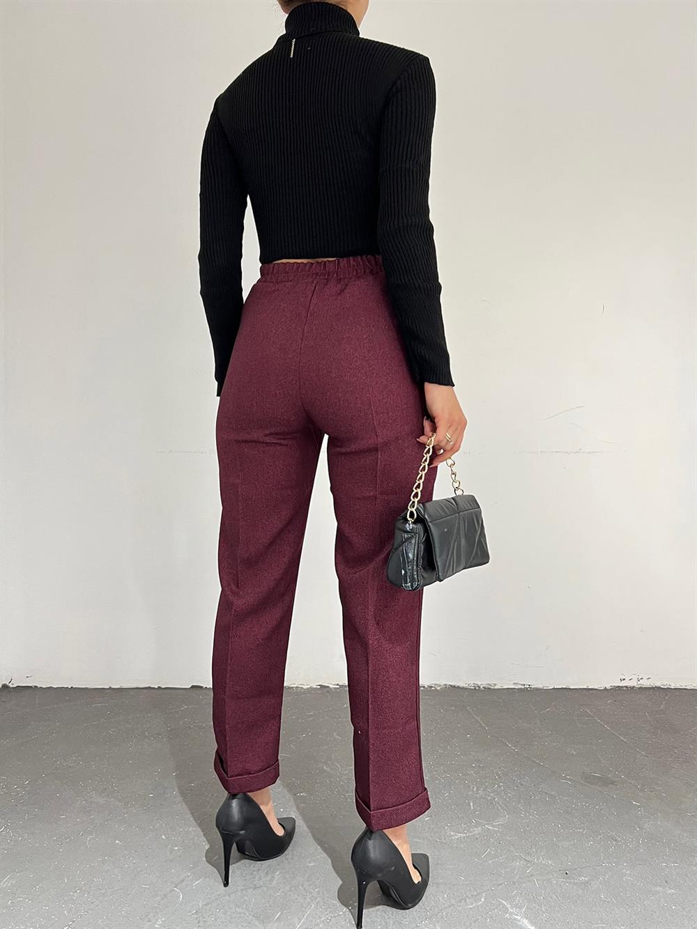 Beli Lastikli Bağcıklı Cepli Duble Pantolon  -Bordo