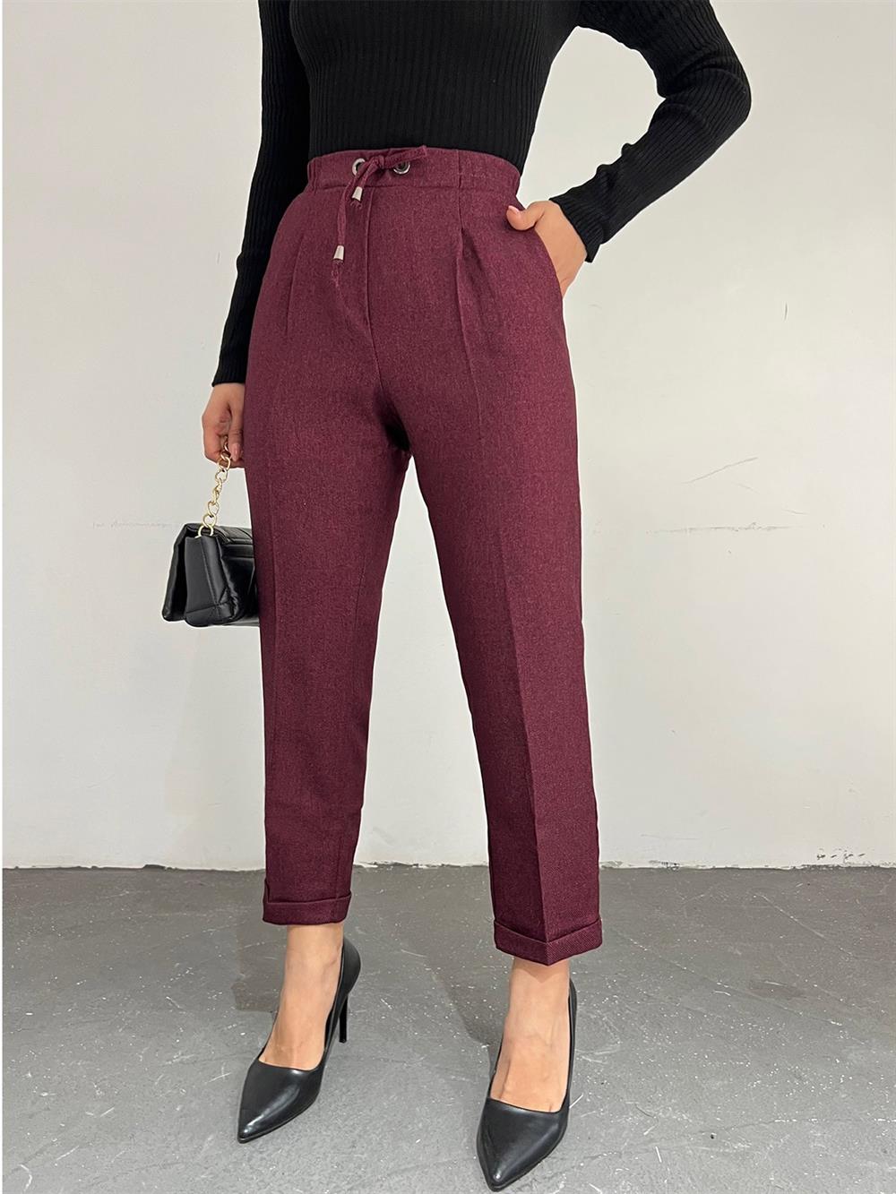 Beli Lastikli Bağcıklı Cepli Duble Pantolon  -Bordo