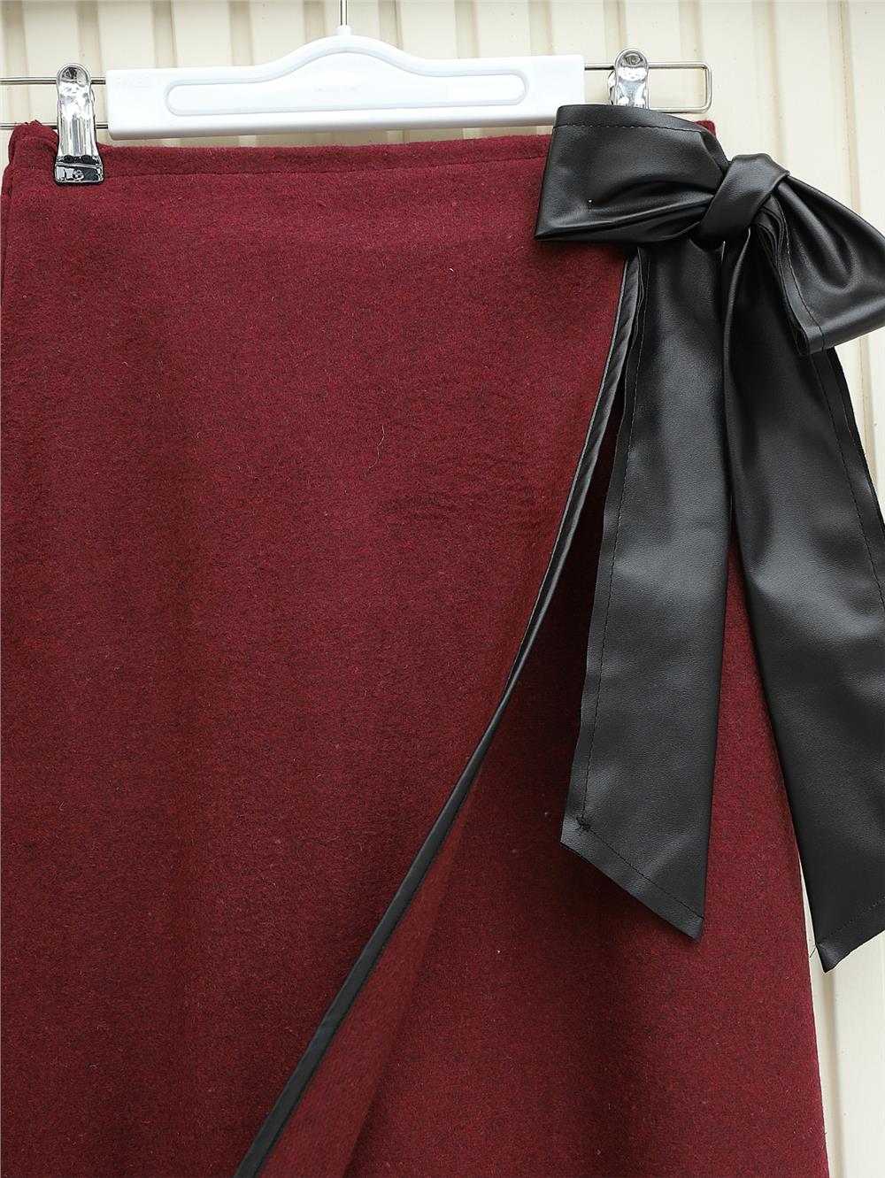 Beli Lastikli Bağlamalı Biyeli Kaşe Etek -Bordo-346-3048-R04