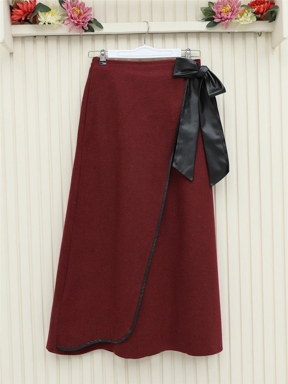 Beli Lastikli Bağlamalı Biyeli Kaşe Etek -Bordo-346-3048-R04