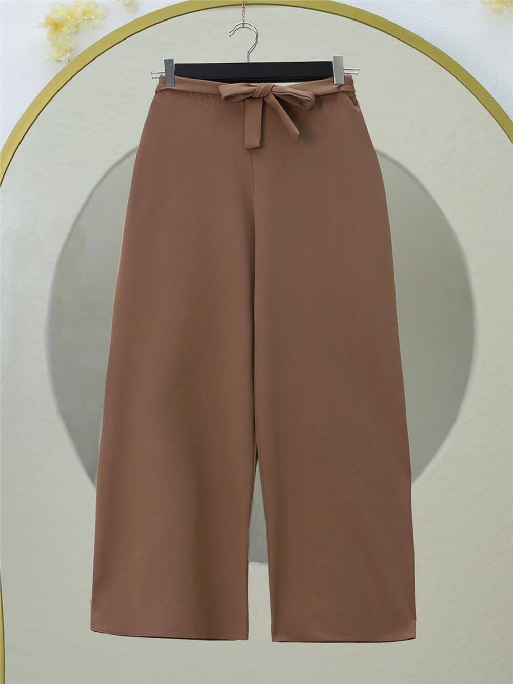 Beli Lastikli Bağlamalı  Bol Paça Pantolon  -Vizon-326-9094-R23