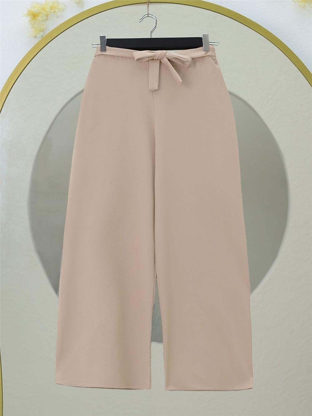 Beli Lastikli Bağlamalı  Bol Paça Pantolon  -Bej-326-9094-R56