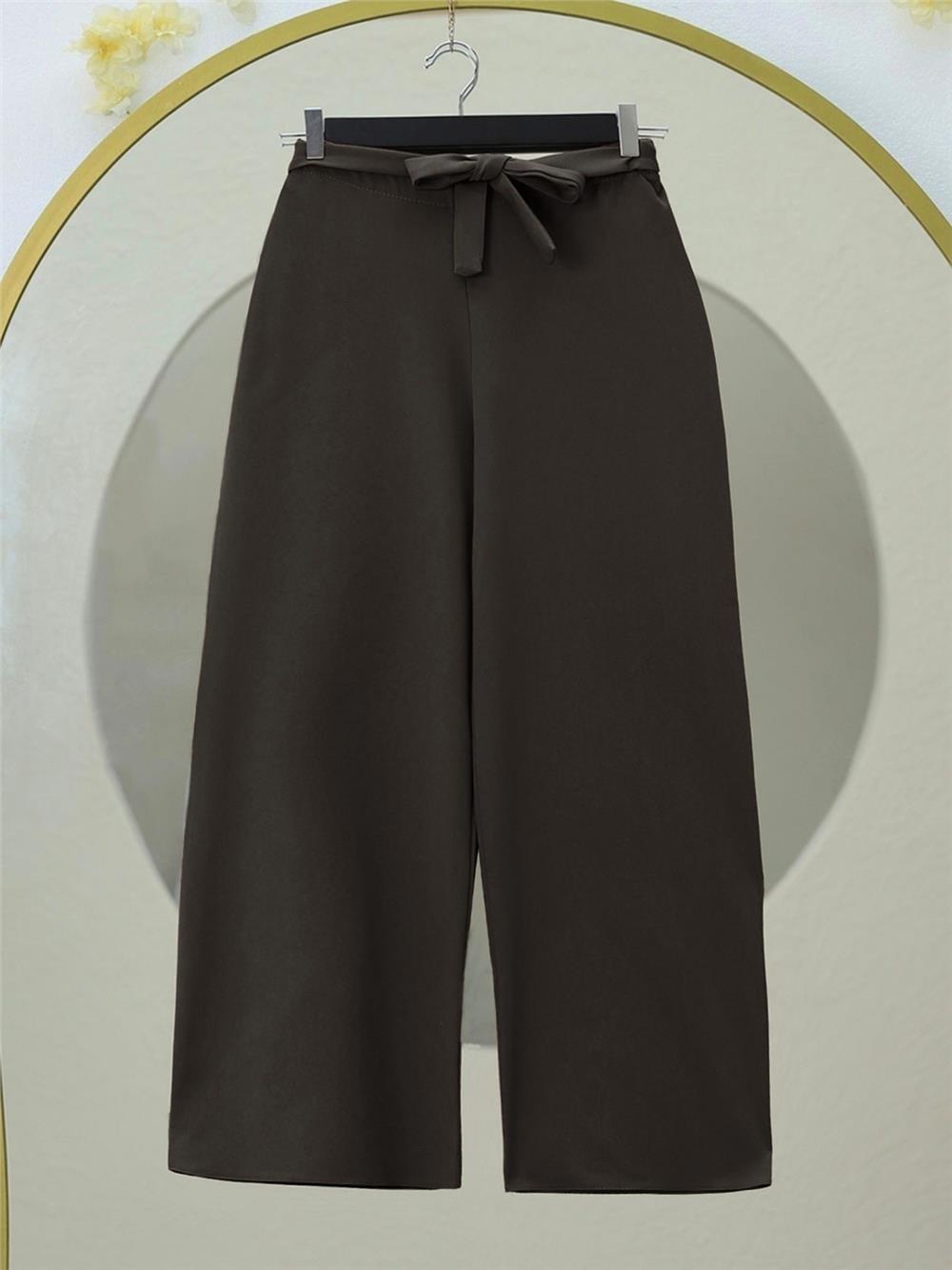 Beli Lastikli Bağlamalı  Bol Paça Pantolon  -K. Kahve-326-9094-R54