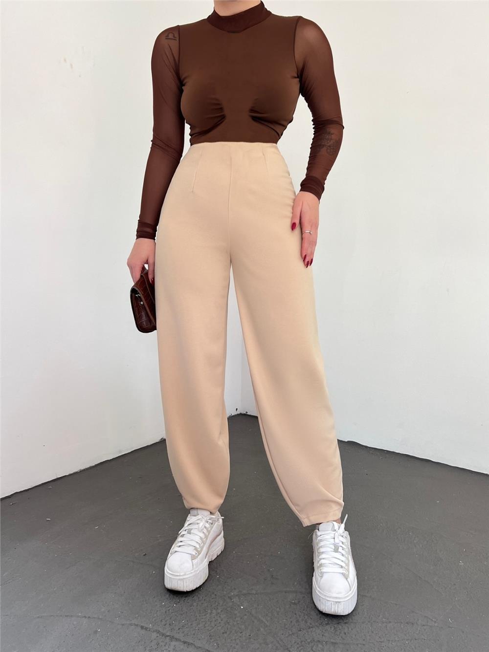 Elastic Waist Balloon Trousers -Beige-306-4091-R56
