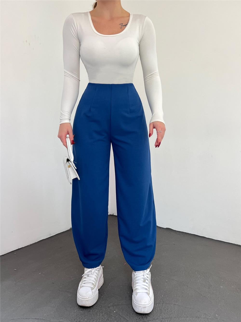 Balloon Trousers with Elastic Waist - Indigo-306-4091-R21