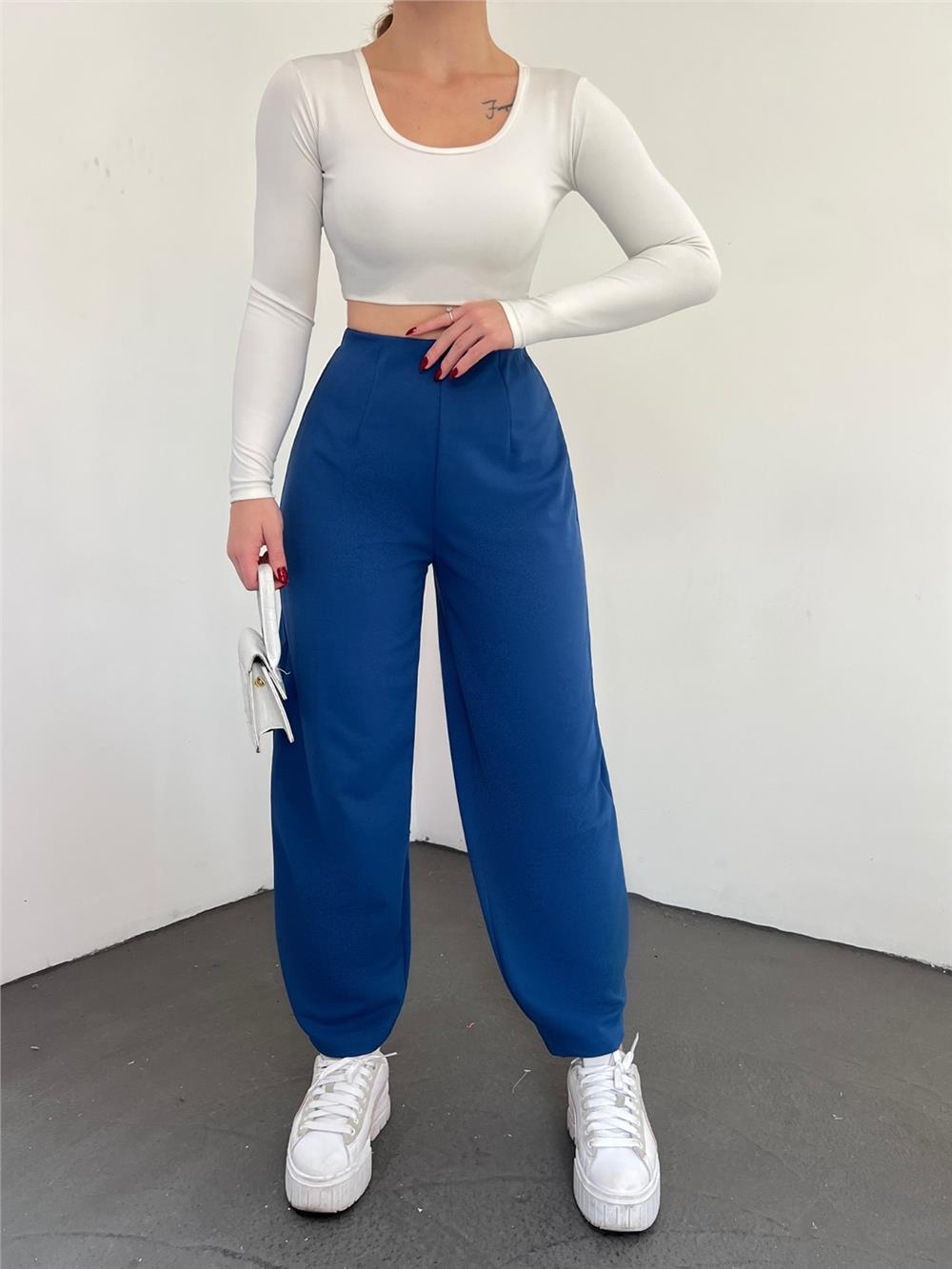 Balloon Trousers with Elastic Waist - Indigo-306-4091-R21