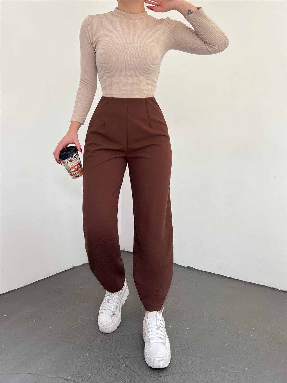 Balloon Trousers with Elastic Waist - Brown-306-4091-R15