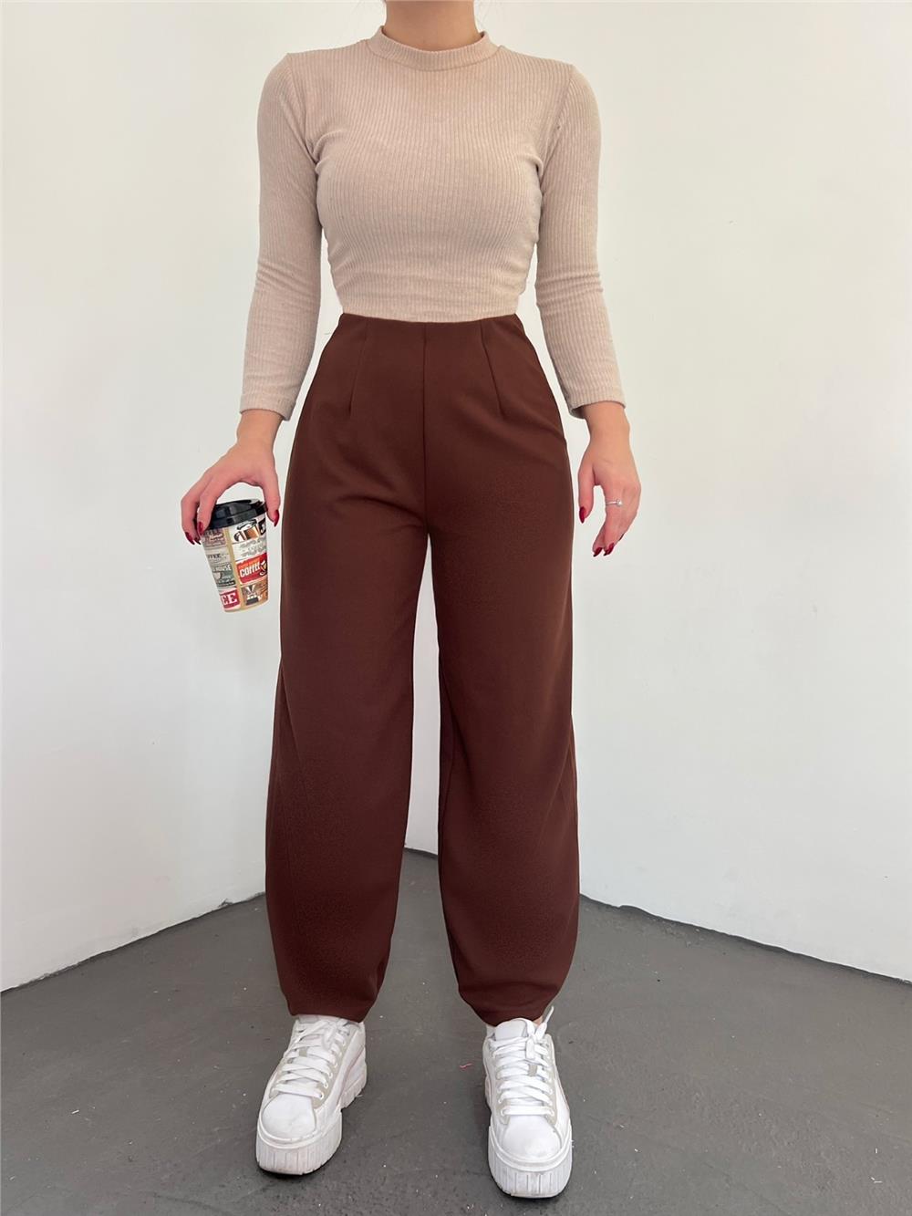 Balloon Trousers with Elastic Waist - Brown-306-4091-R15