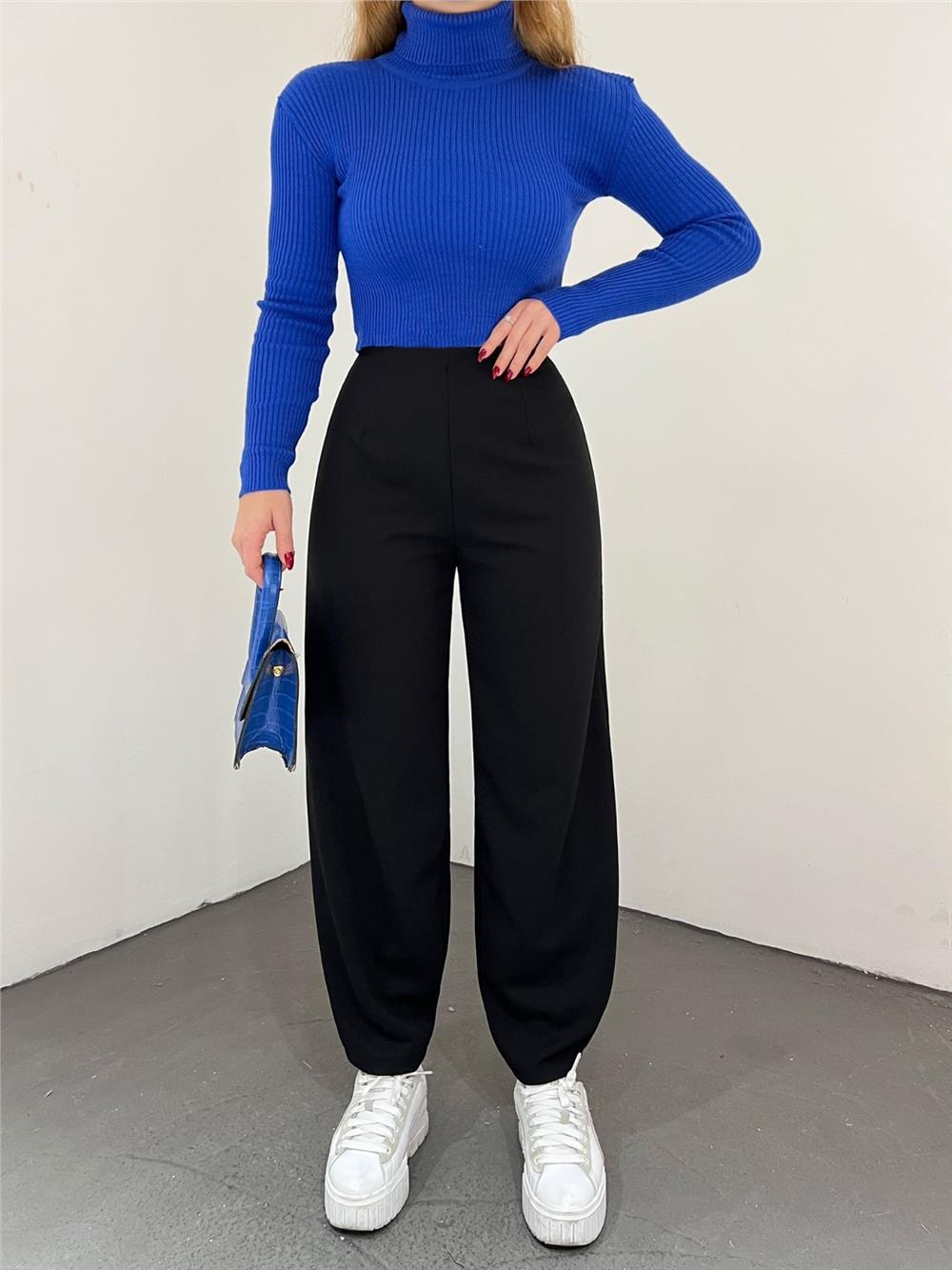 Balloon Trousers with Elastic Waist - Black-306-4091-R01