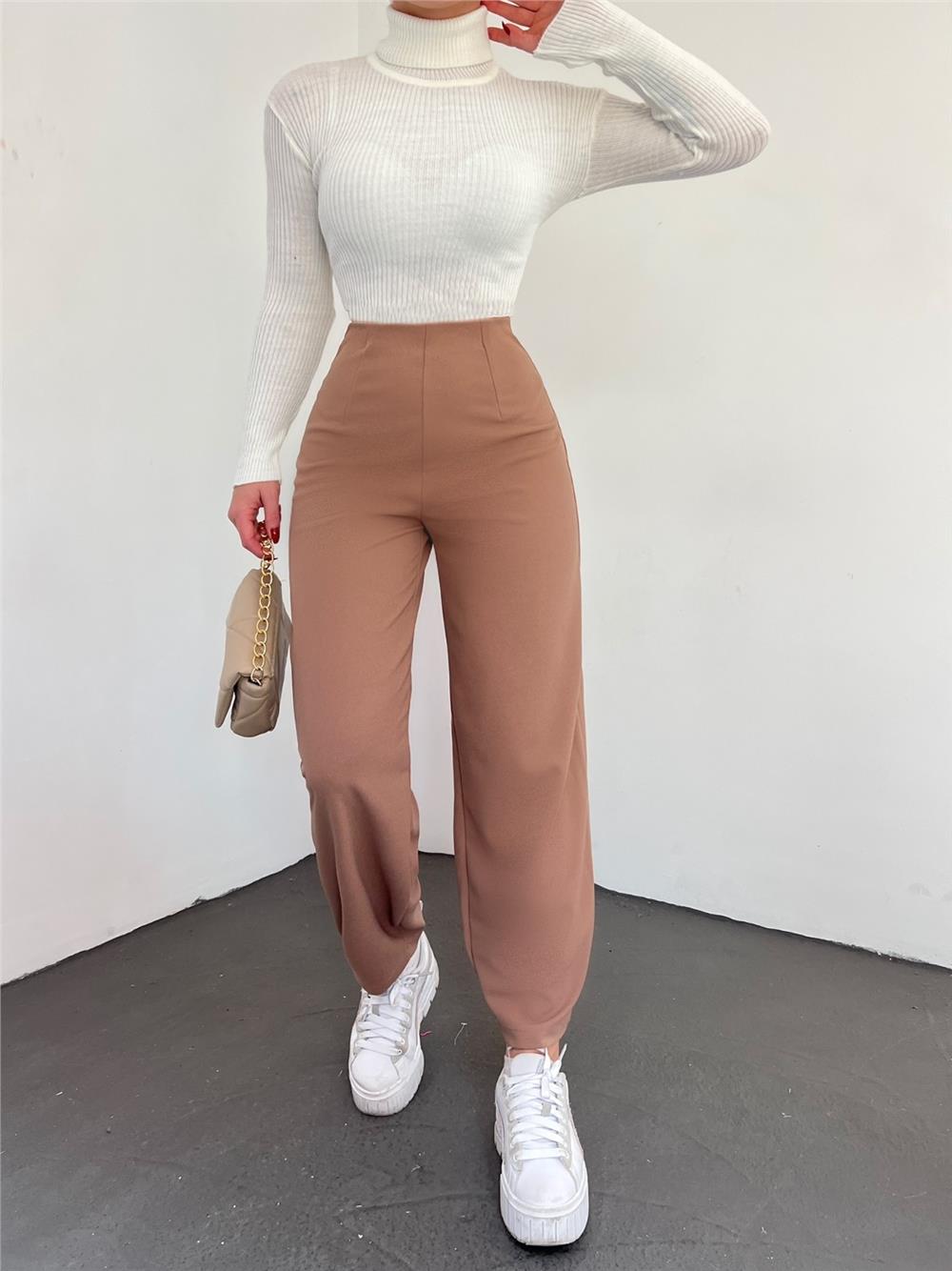 Balloon Trousers with Elastic Waist -Mink-306-4091-R23