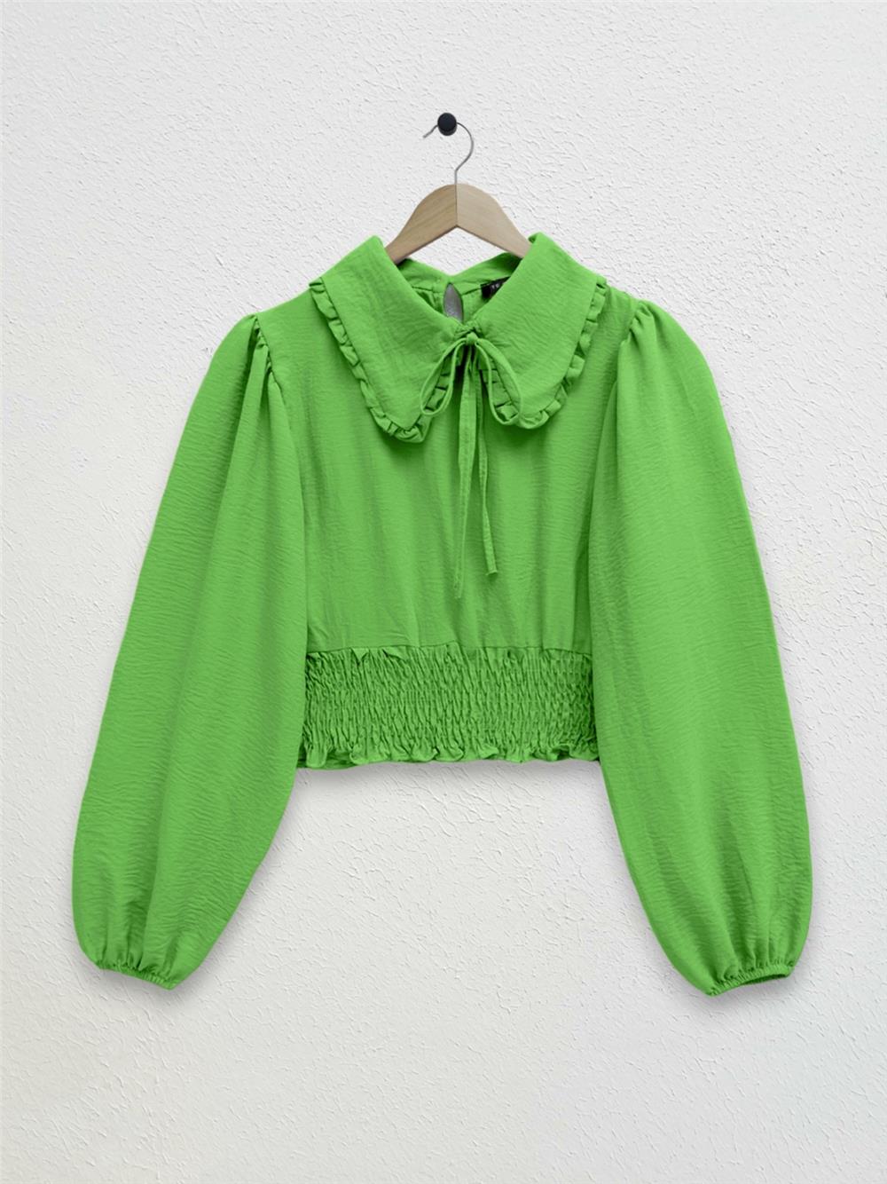 Beli Lastikli Bebe Yaka Uzun Kol Bluz  -Yeşil-349-3032-R35