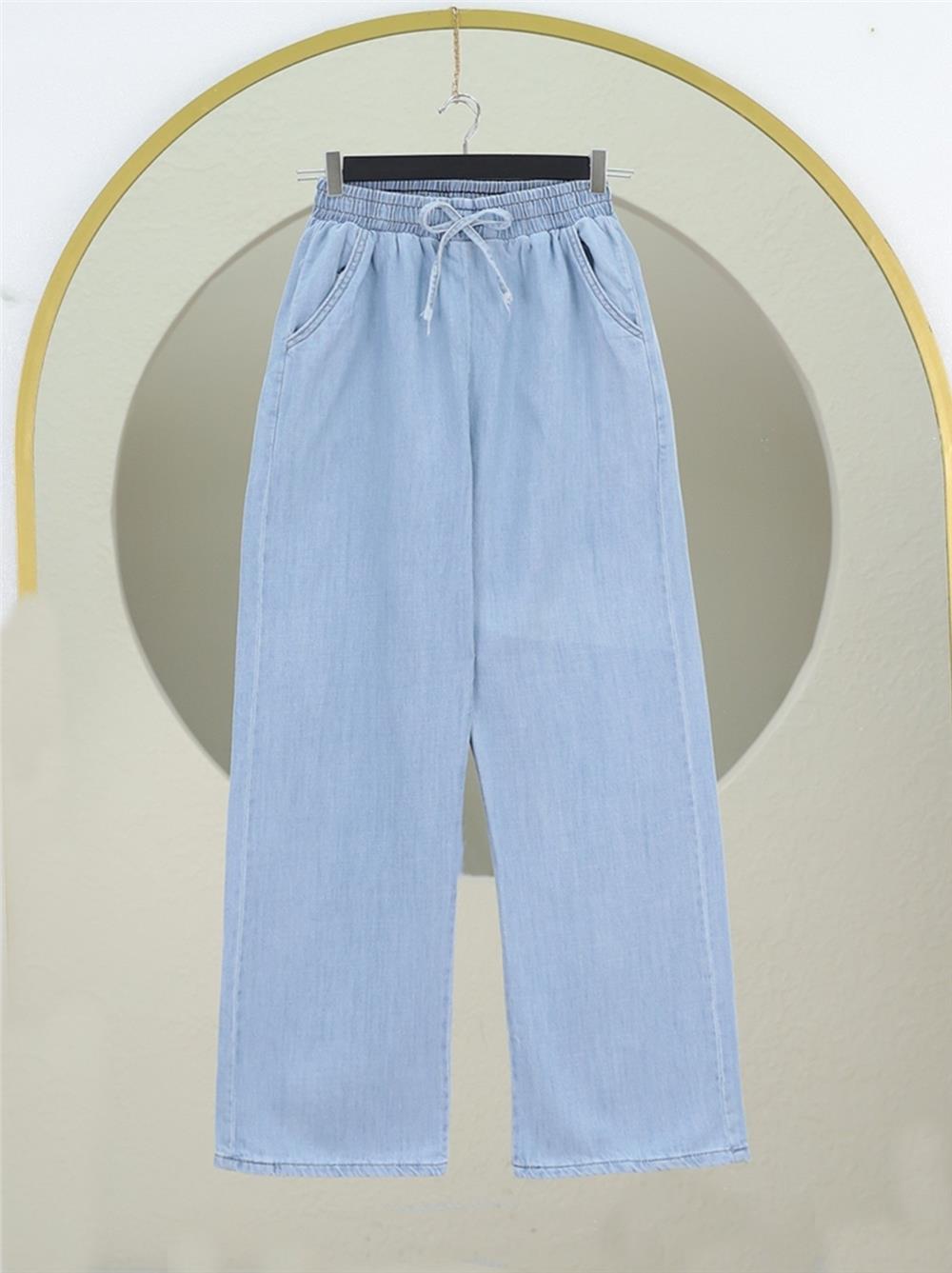 Beli Lastikli Cepli Bol Paça Kot Pantolon       -Bebe Mavi-136-0840-R32