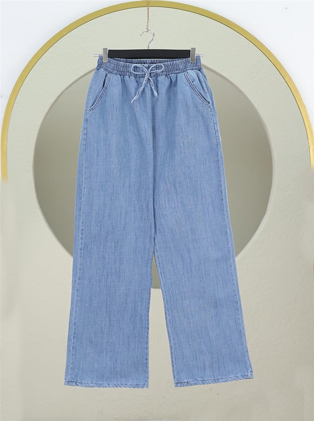 Beli Lastikli Cepli Bol Paça Kot Pantolon -Buz Mavi-136-0840-R37