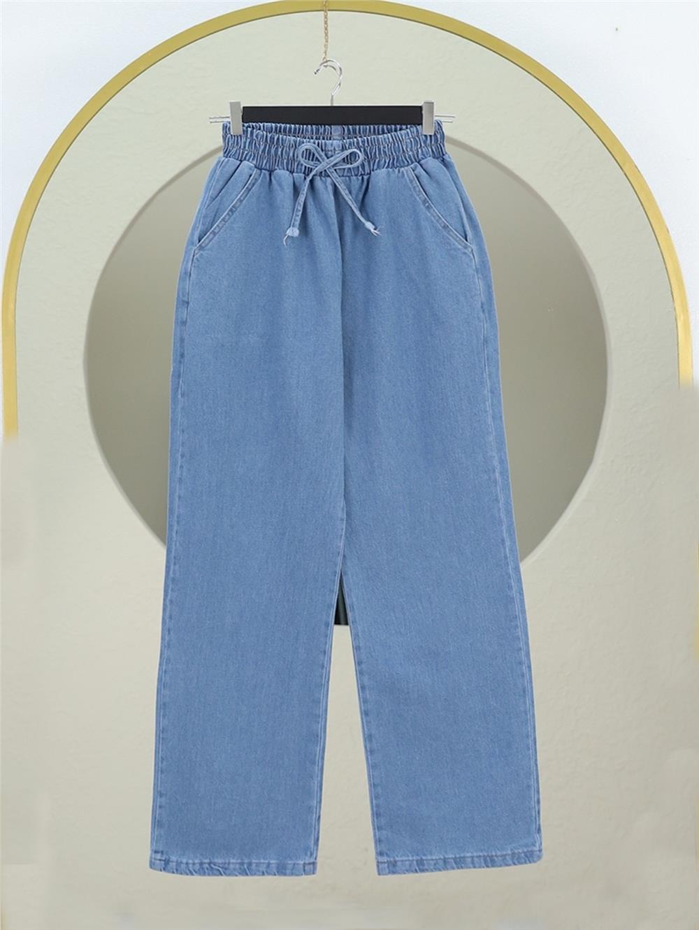 Beli Lastikli Cepli Bol Paça Kot Pantolon      -Açık Mavi-136-0840-R25
