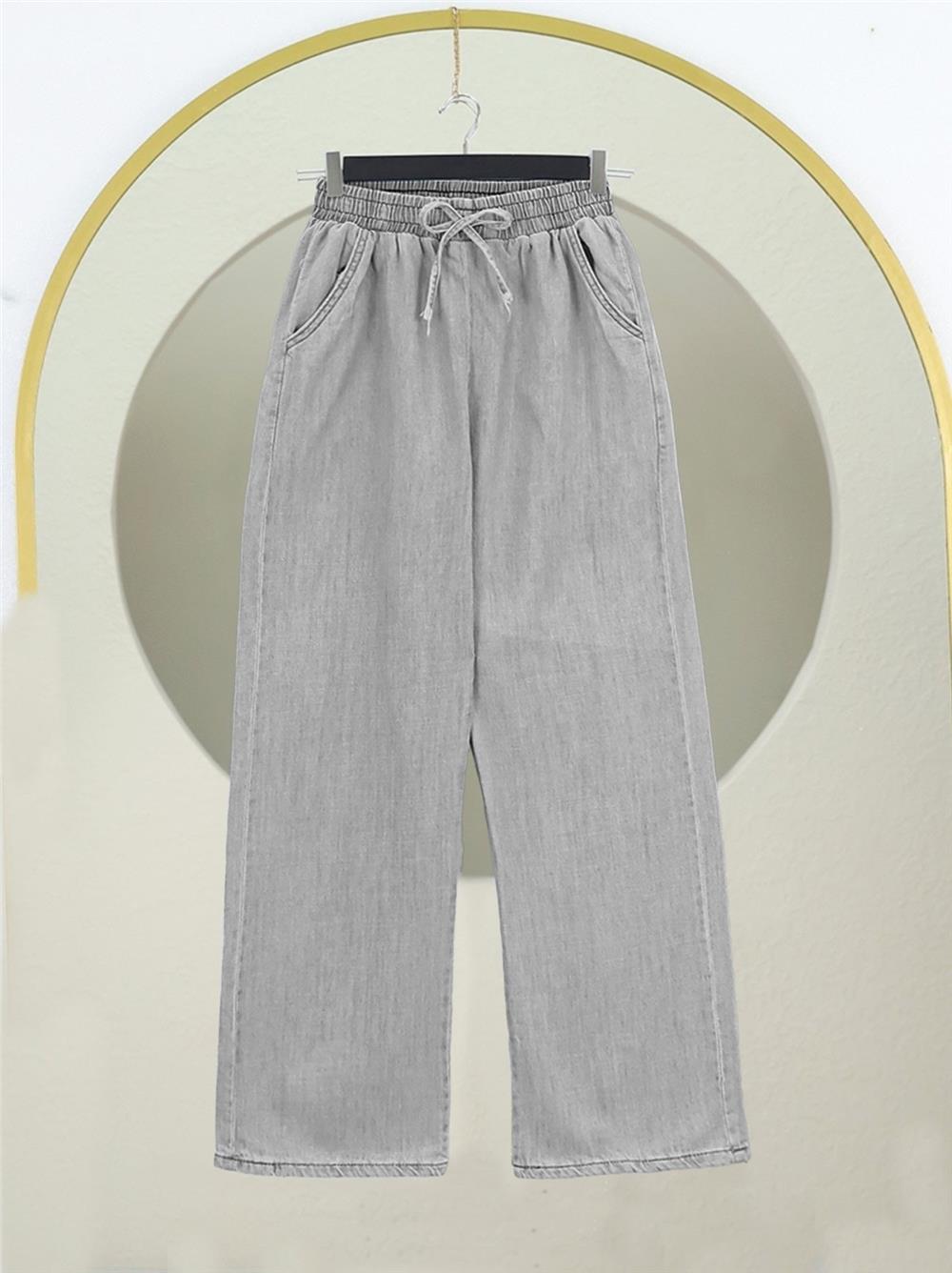 Beli Lastikli Cepli Bol Paça Kot Pantolon         -Gri-136-0840-R11