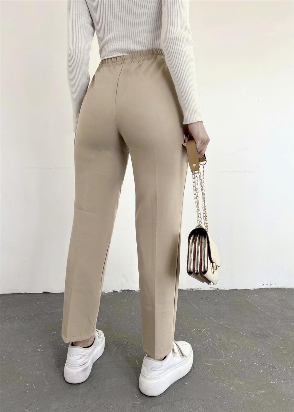 Elastic Waist Double Pocket Lacing Detail Trousers  -Beige-286-0785-R56