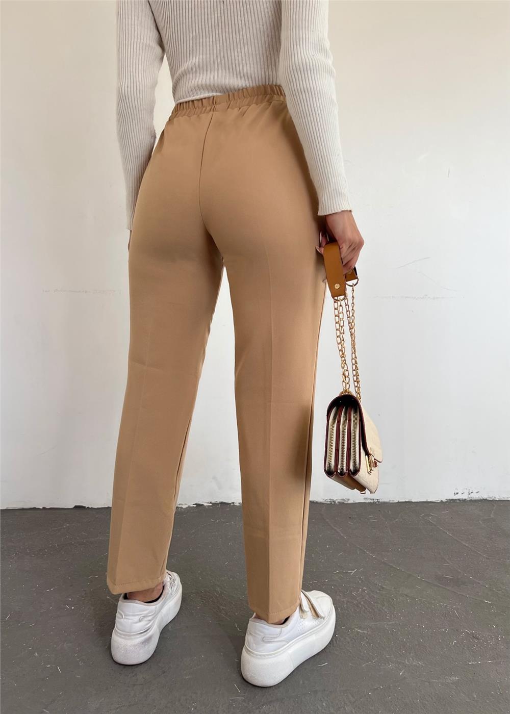 Elastic Waist Double Pocket Lacing Detail Trousers -Light Mink-286-0785-R51