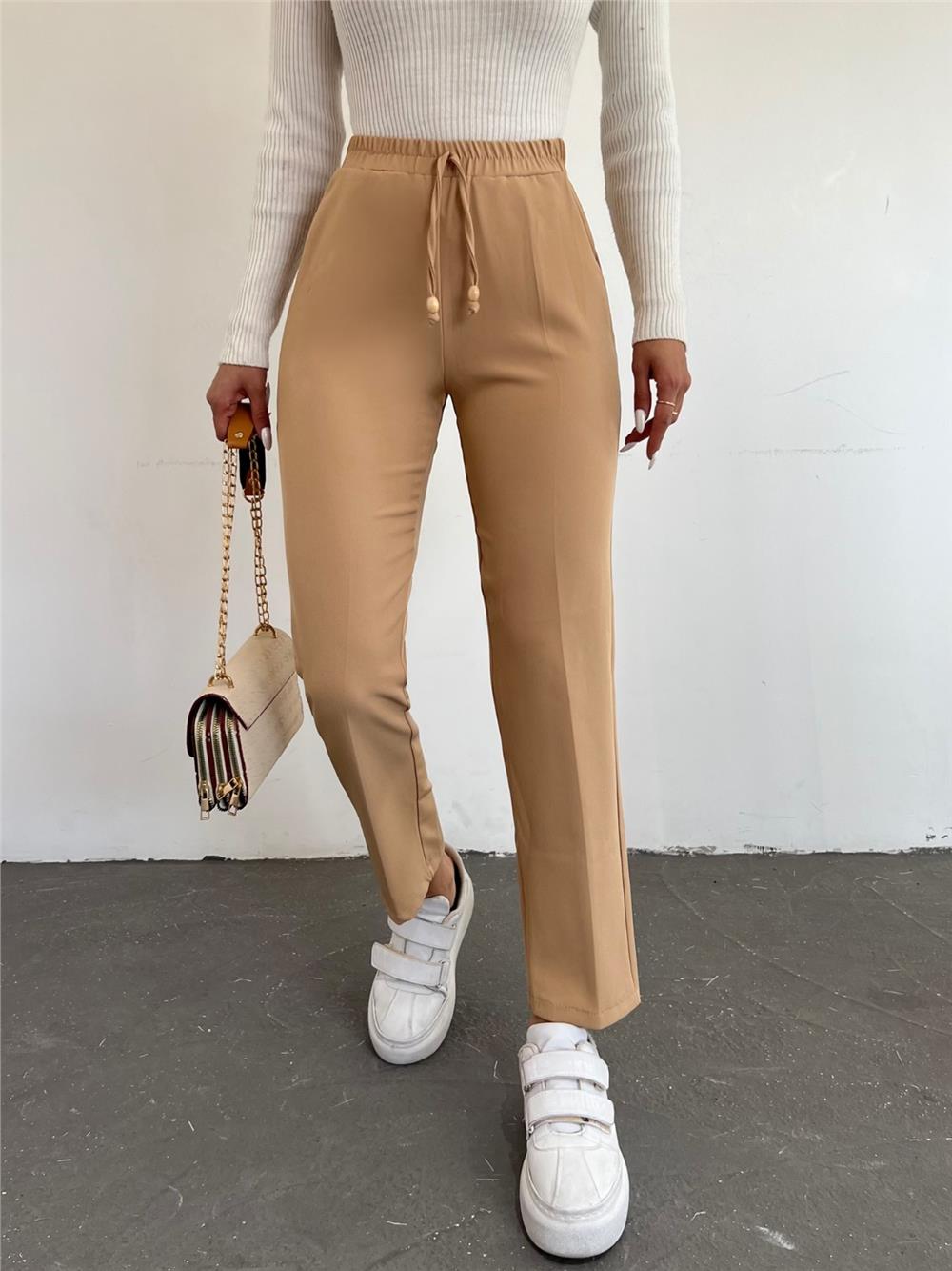 Elastic Waist Double Pocket Lacing Detail Trousers -Light Mink-286-0785-R51