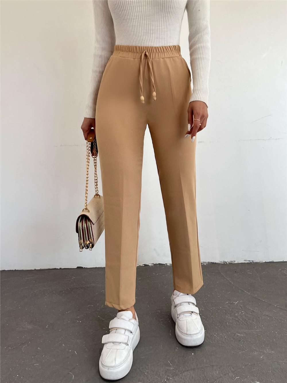 Elastic Waist Double Pocket Lacing Detail Trousers -Light Mink-286-0785-R51