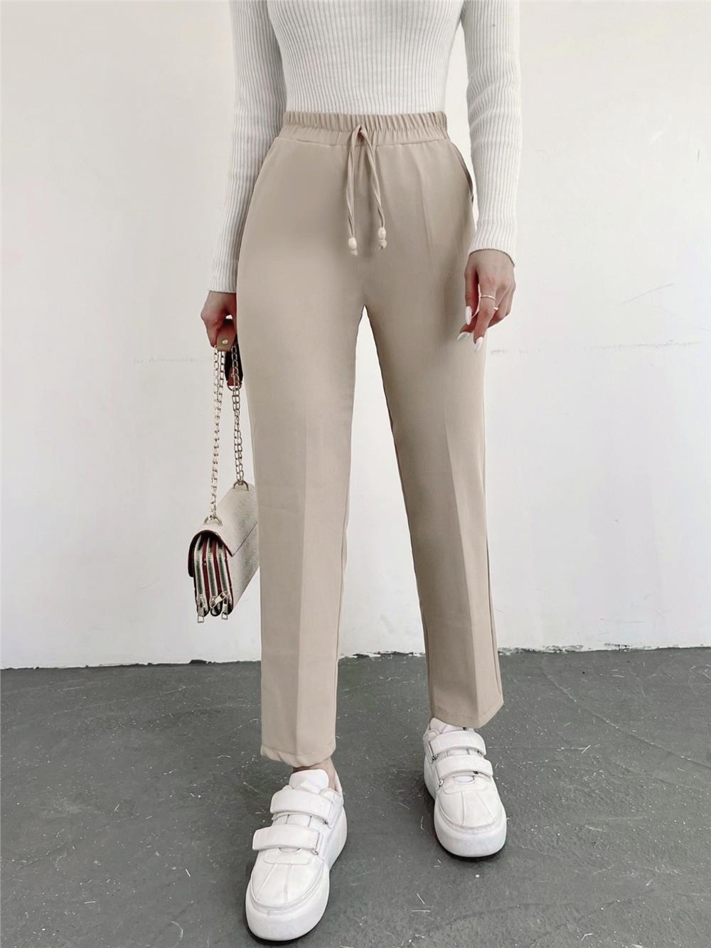 Elastic Waist Double Pocket Lacing Detail Trousers  -Beige-286-0785-R56