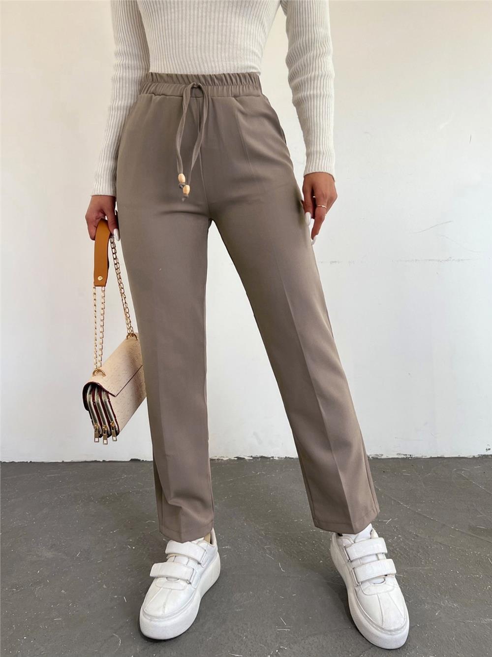 Elastic Waist Double Pocket Lacing Detail Trousers -Mink Color-286-0785-R23
