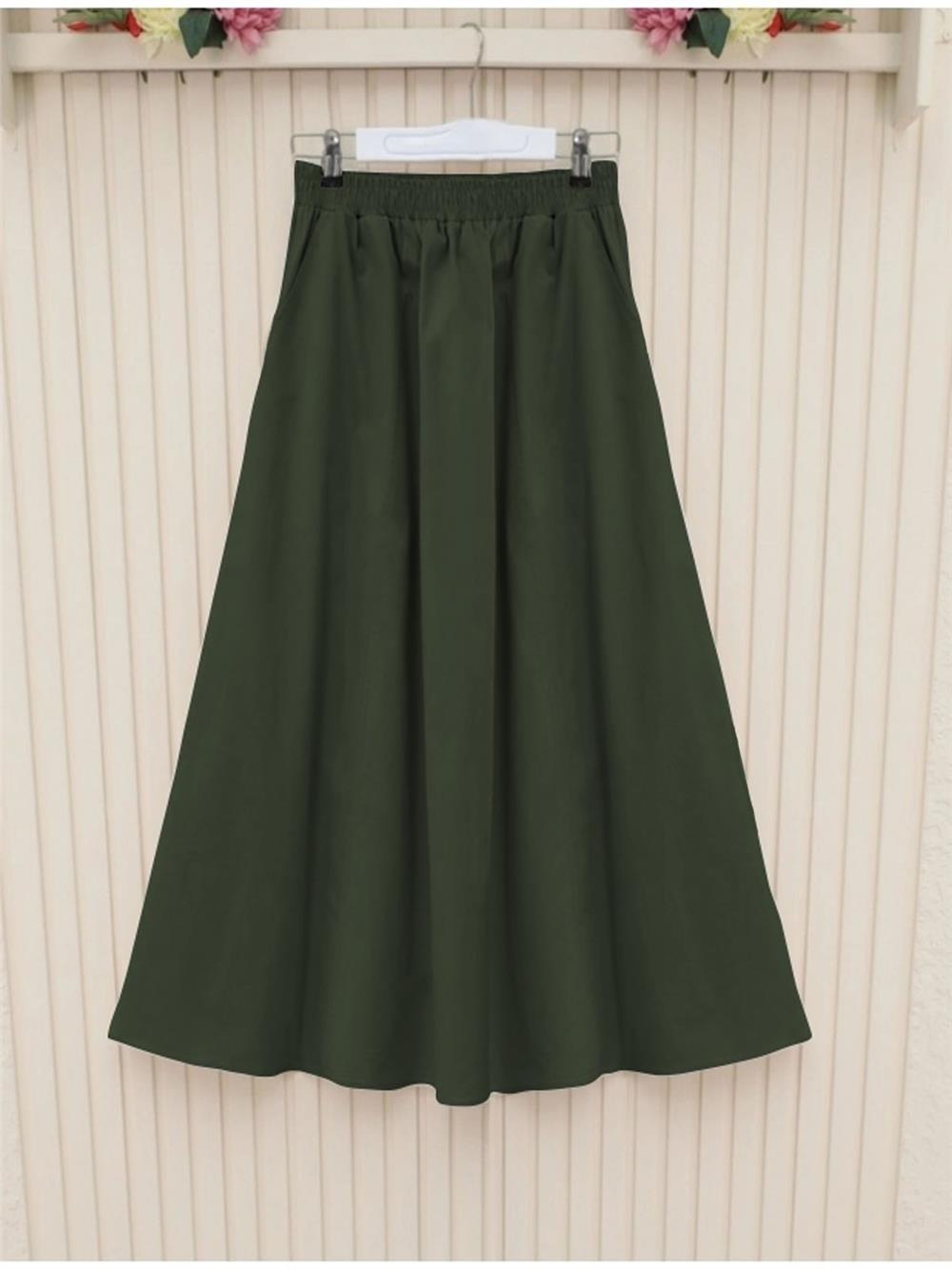 Beli Lastikli Çift Cepli Gabardin Etek     -Haki-327-5019-R05