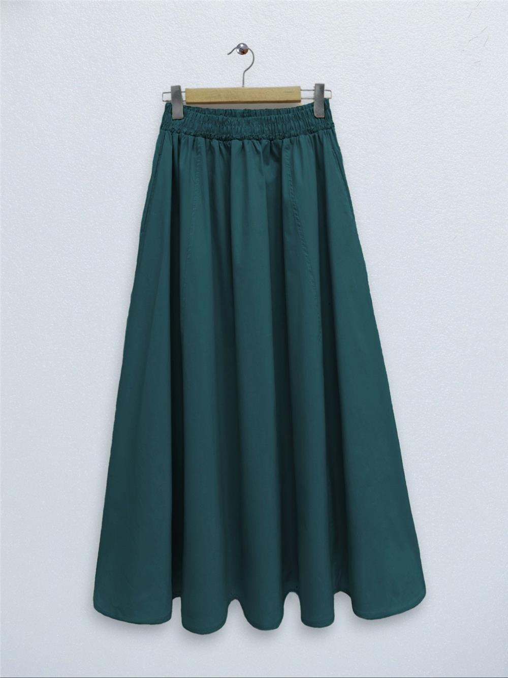 Beli Lastikli Çift Cepli Poplin Kloş Etek           -Zümrüt-327-5018-R17