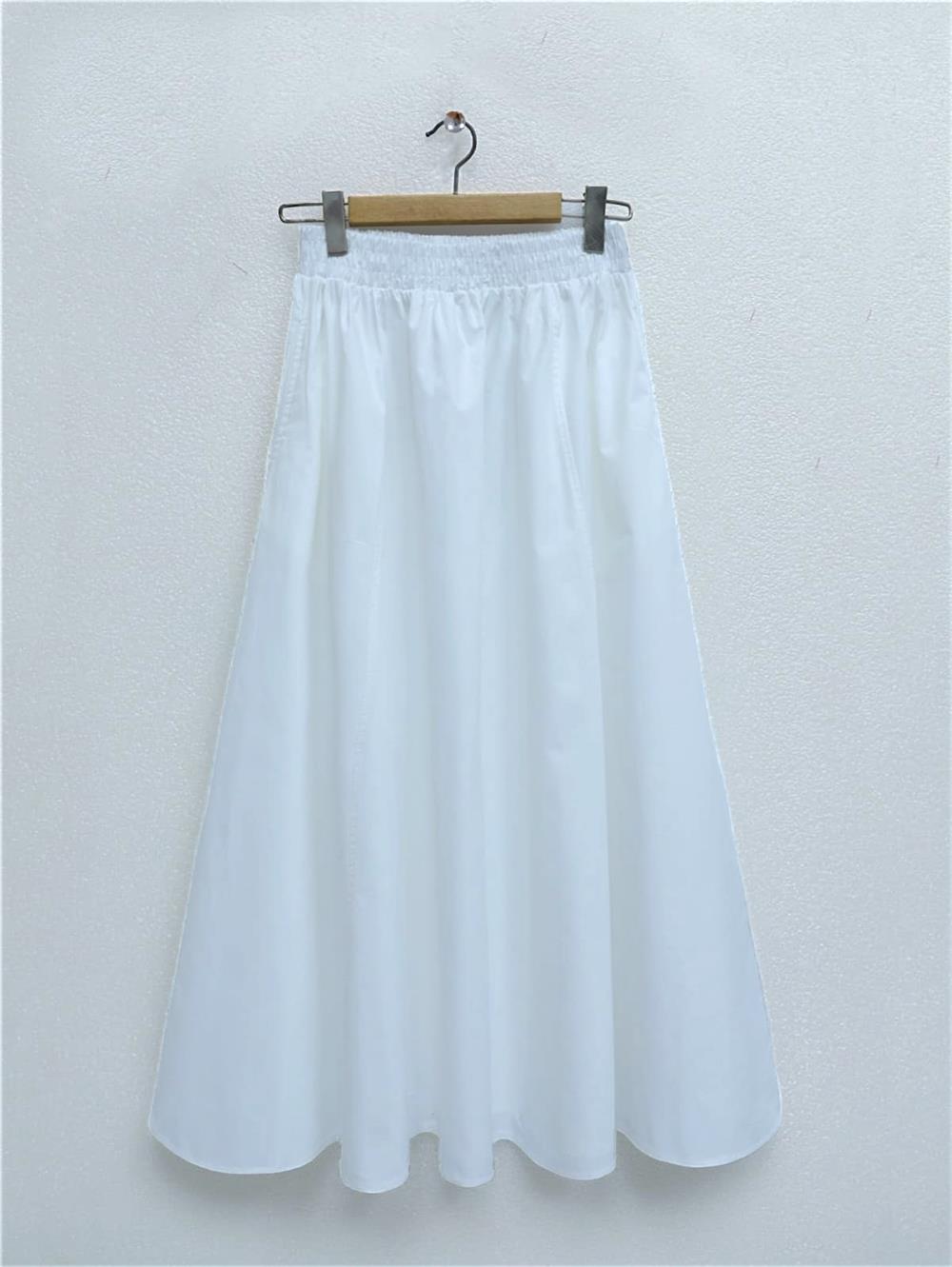 Double Pocket Poplin Flared Skirt with Elastic Waist - White-327-5018-R02