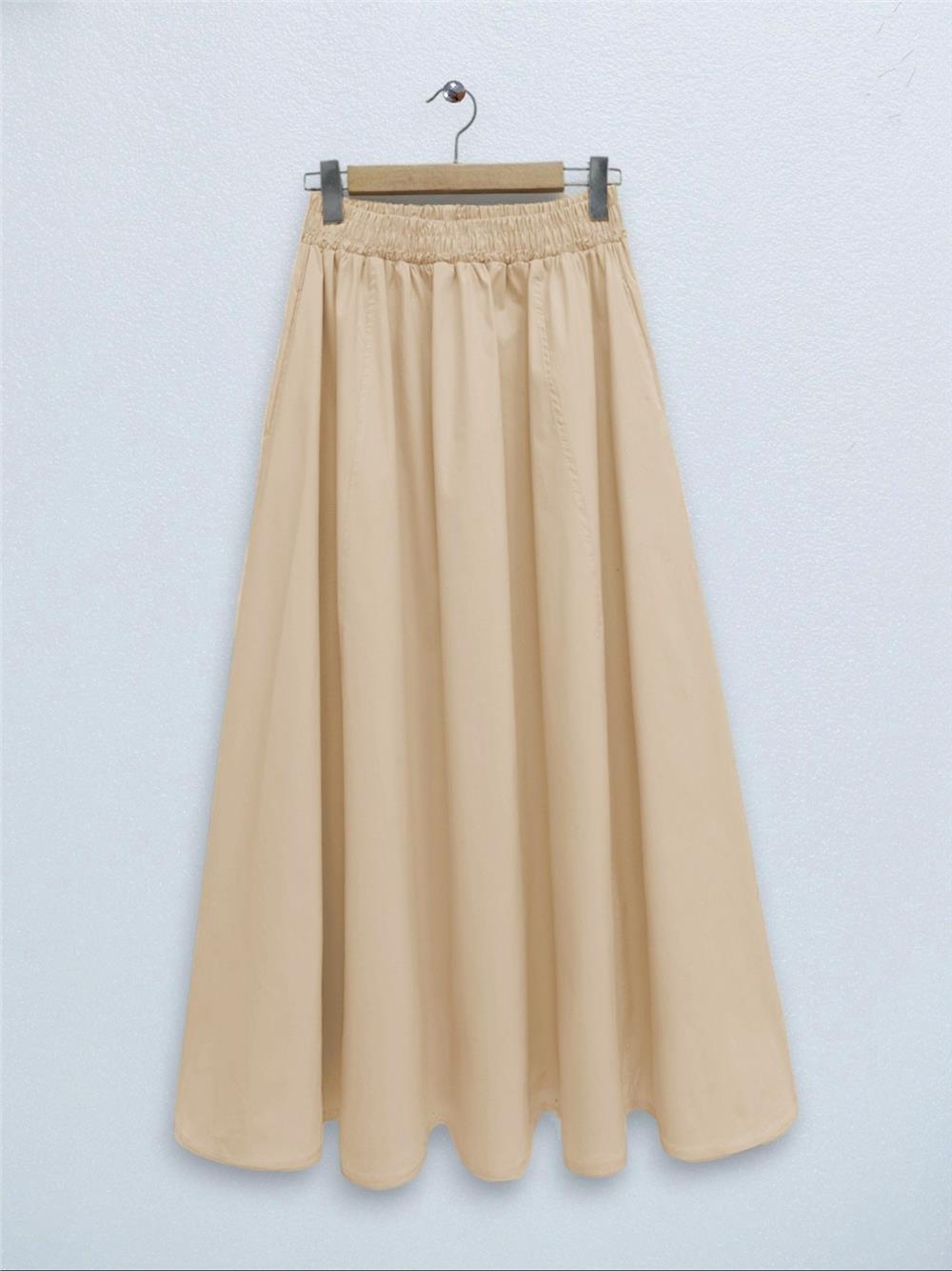 Beli Lastikli Çift Cepli Poplin Kloş Etek          -Somon-327-5018-R13
