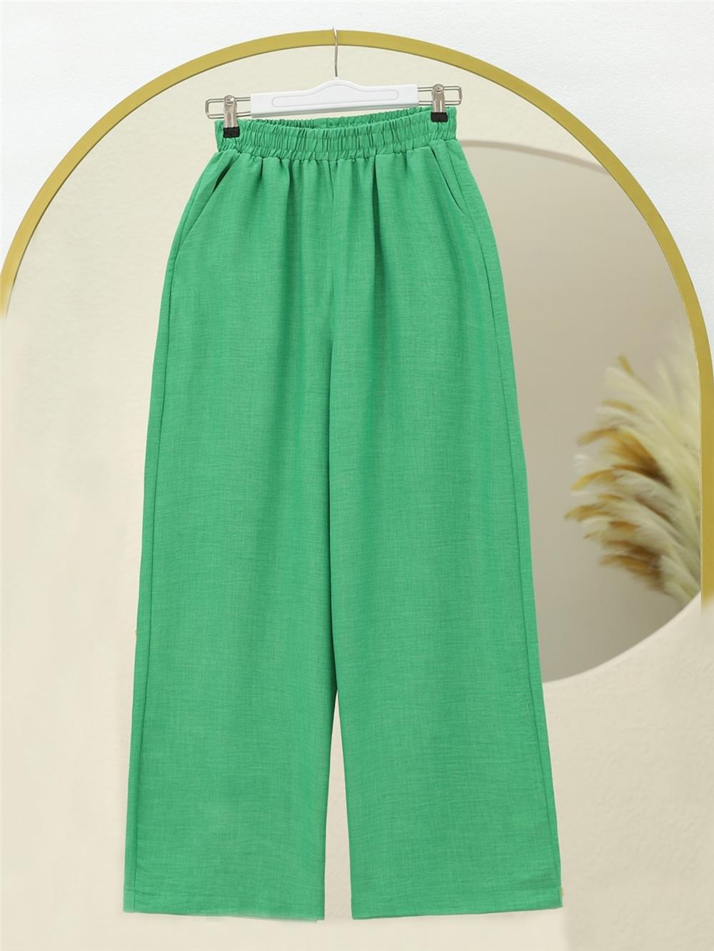Elastic Waist Double Pocket Loose Trousers -Green-370-6388-R35