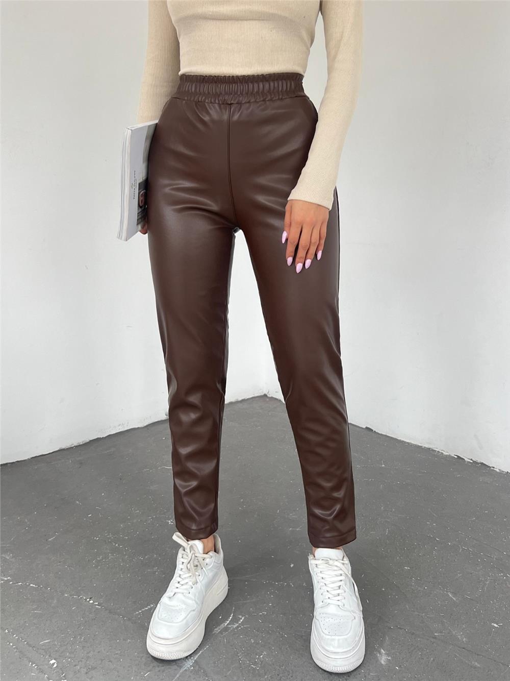 Elastic Waist Leather Pants -Brown-192-10006-R15