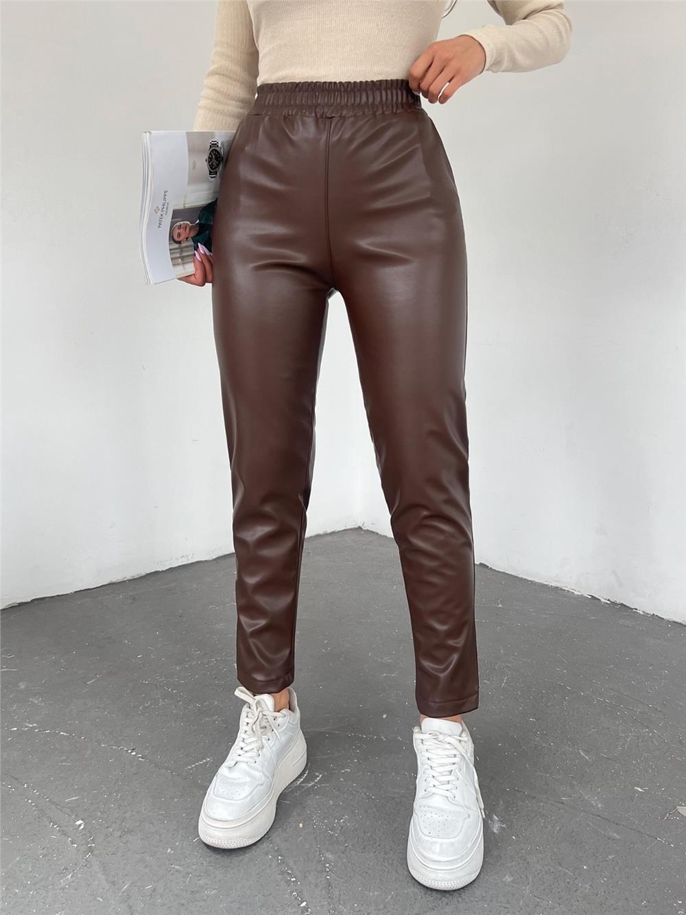 Elastic Waist Leather Pants -Brown-192-10006-R15