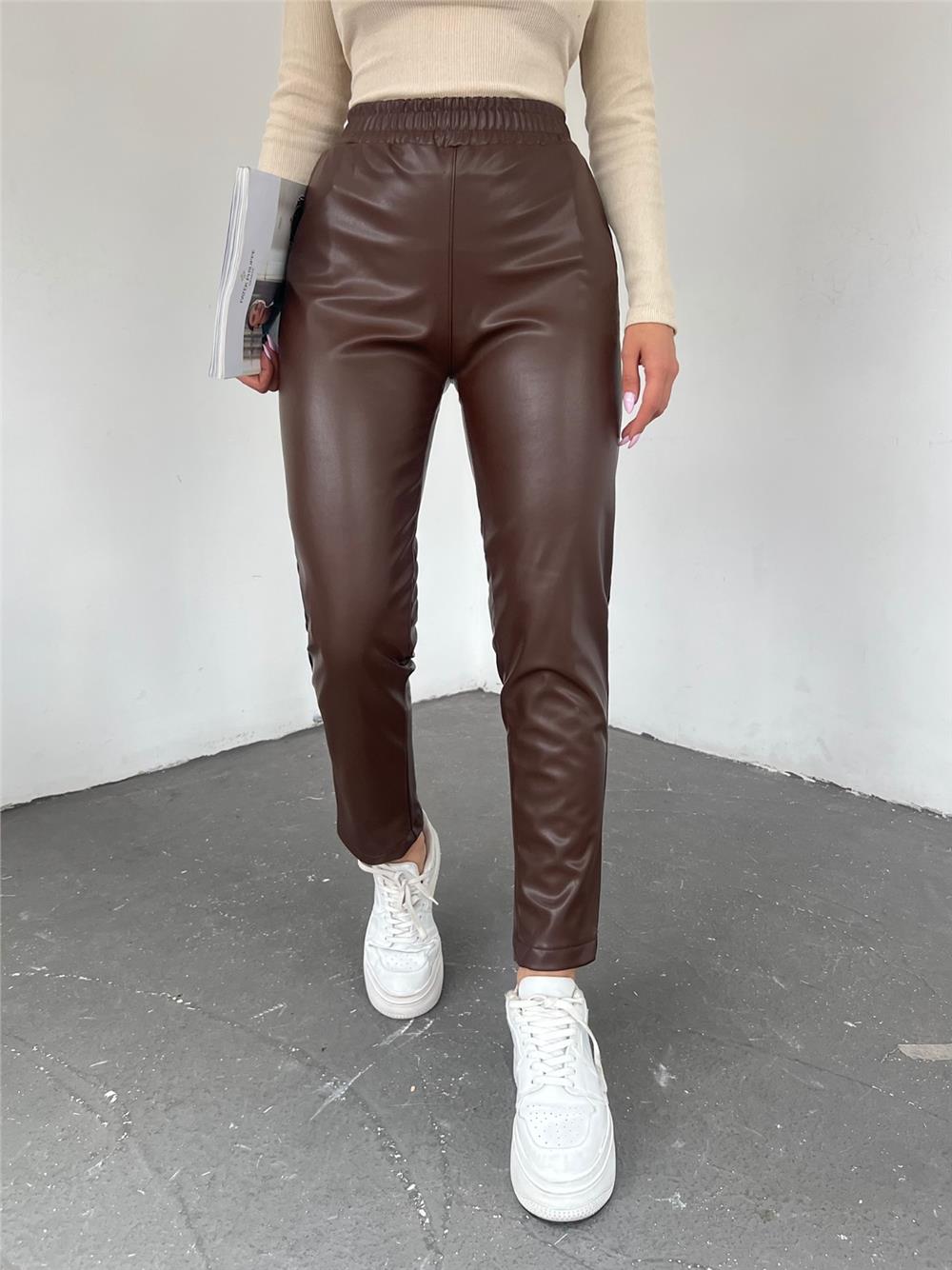 Elastic Waist Leather Pants -Brown-192-10006-R15