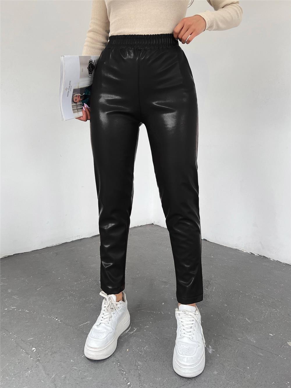 Elastic Waist Leather Pants -Black-192-10006-R01