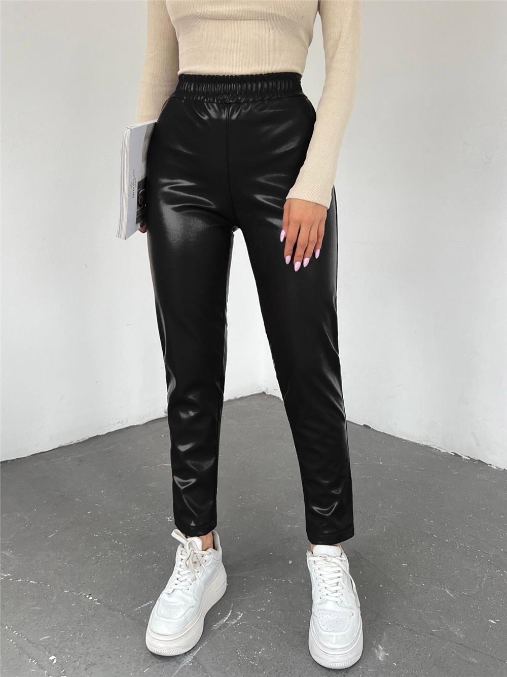 Elastic Waist Leather Pants -Black-192-10006-R01