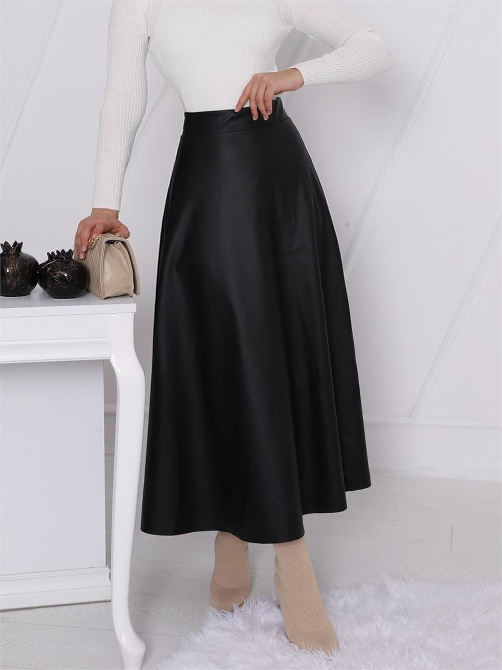 Straight Leather Skirt with Elastic Waist - Black-349-5060-R01