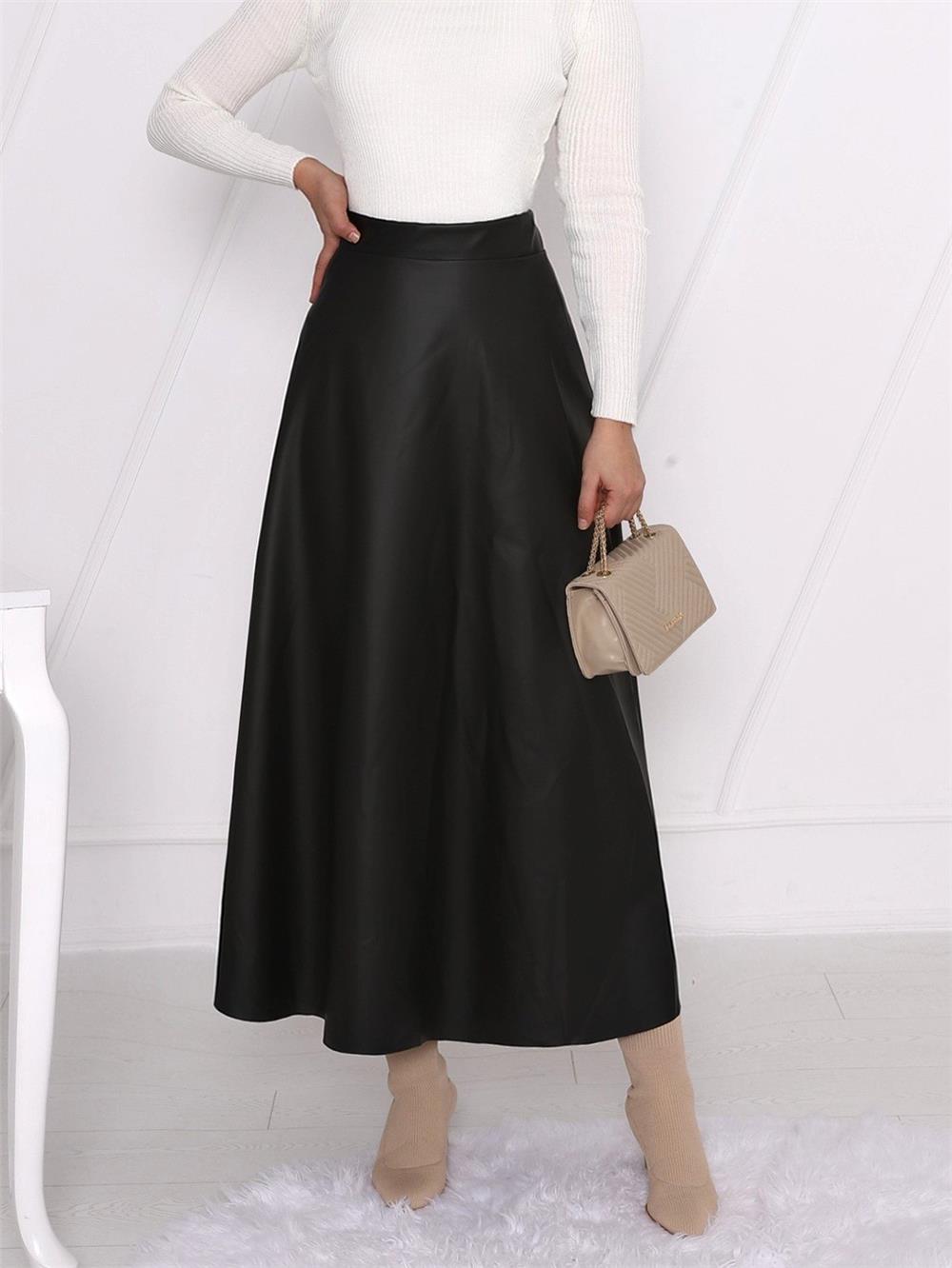Straight Leather Skirt with Elastic Waist - Black-349-5060-R01