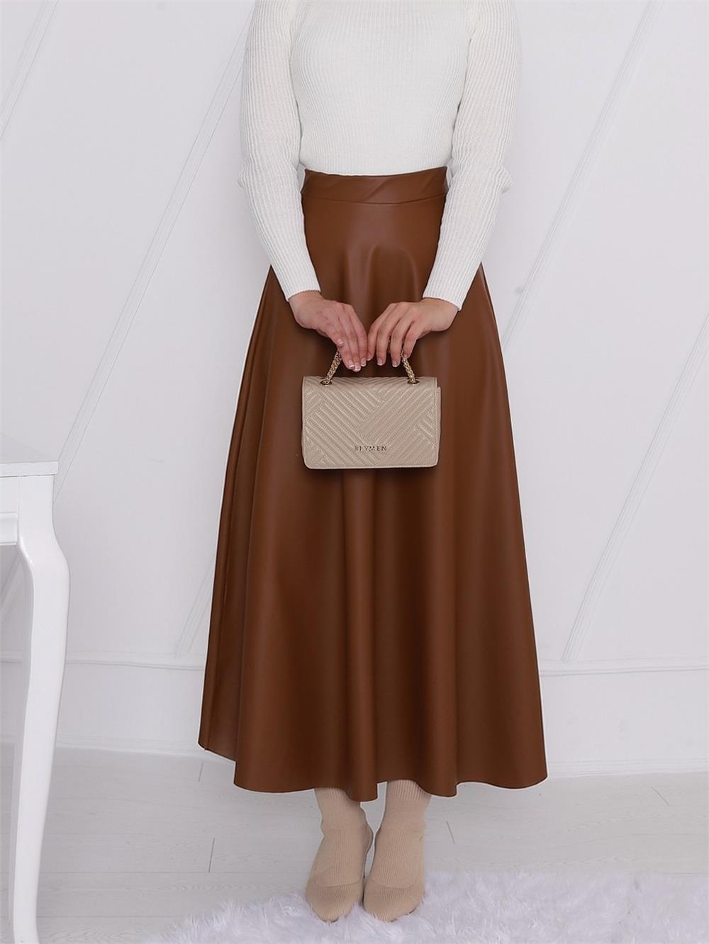 Straight Leather Skirt with Elastic Waist -Tan-349-5060-R12