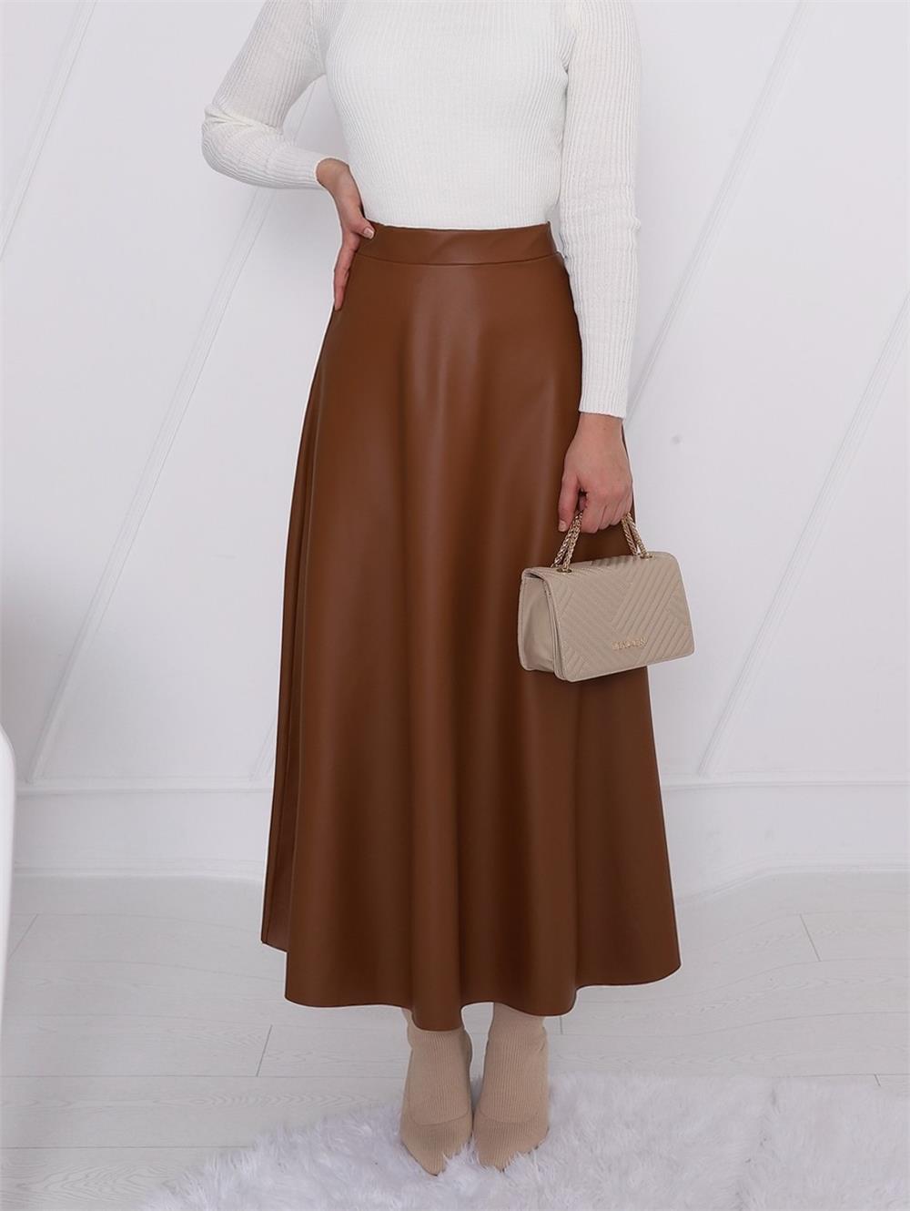 Straight Leather Skirt with Elastic Waist -Tan-349-5060-R12